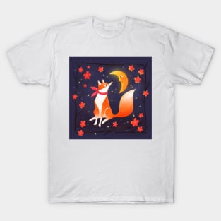 Cute fox , crescent moon and flowers, version 1 T-Shirt